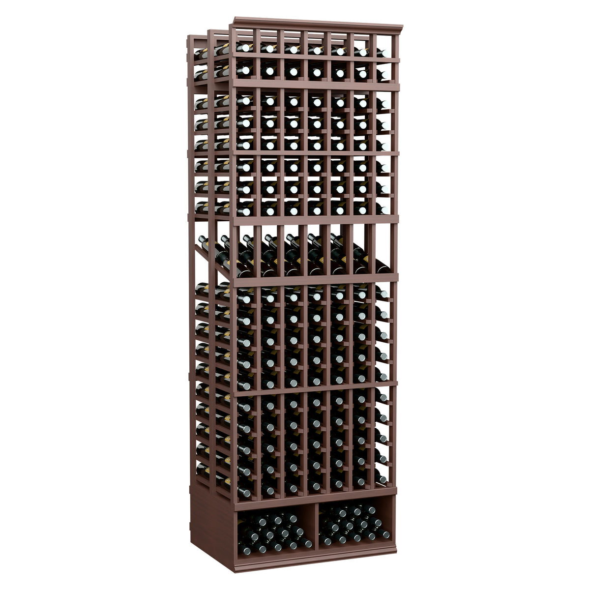 Wine bottle display rack, 7-column double-deep, 8-ft tall, espresso-brown stained wood frame