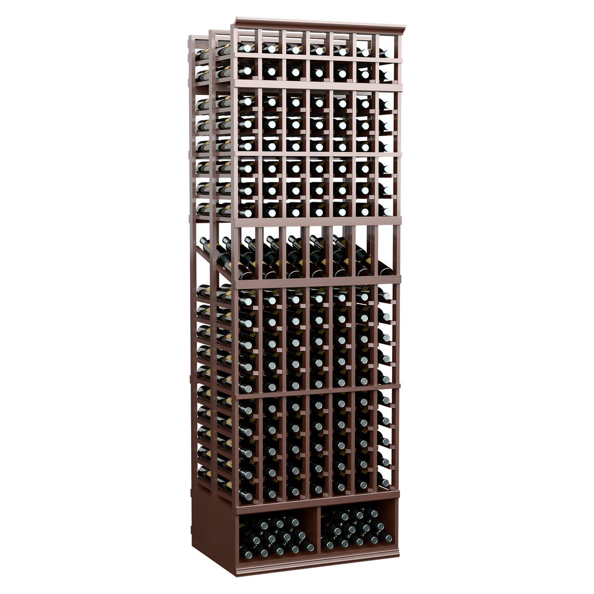 Wine bottle display rack, 7-column double-deep, 8-ft tall, dark brown wood with two-sided bottle rows