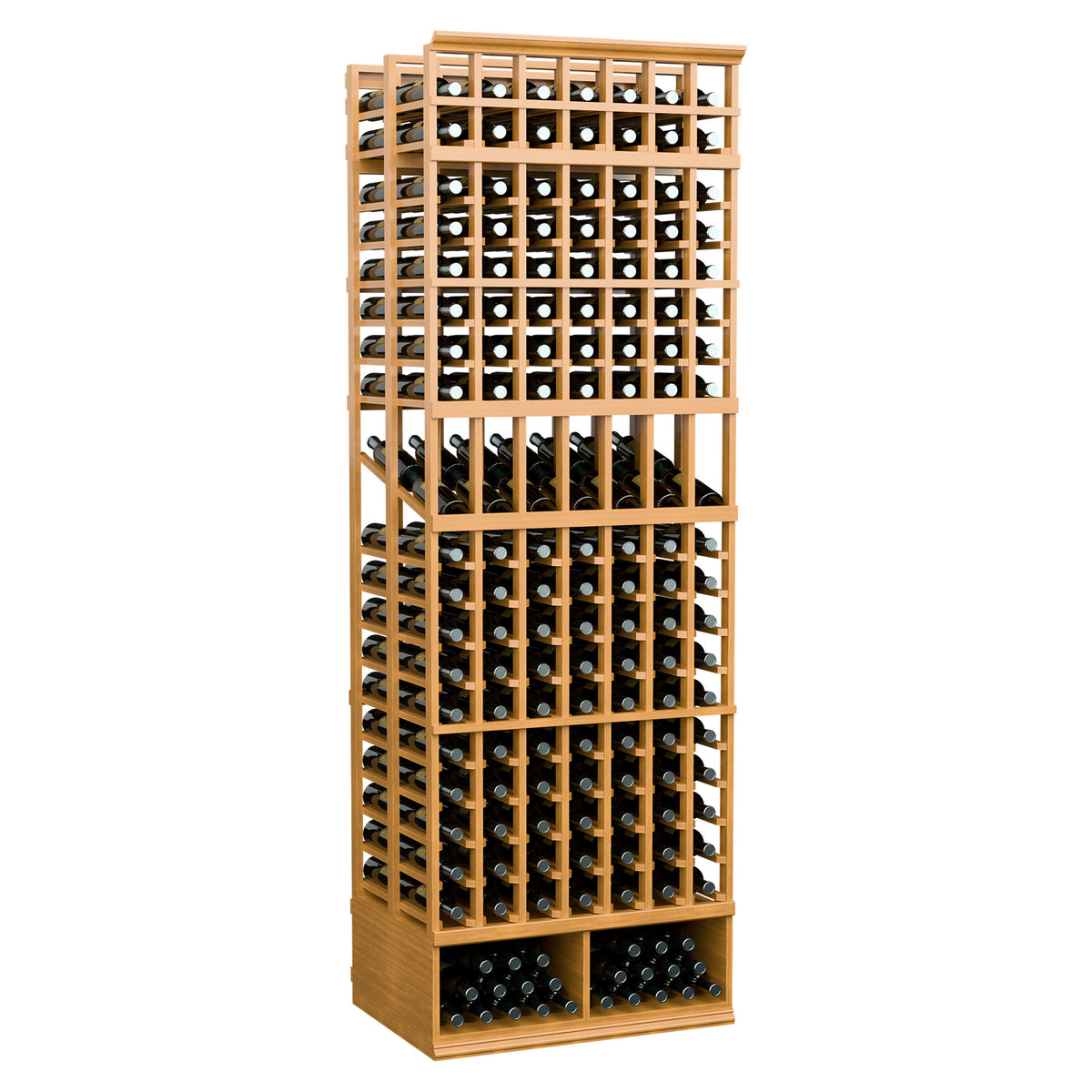 Wine bottle display rack, 7-column double-deep, 8-ft tall, honey-toned wood frame for bottles