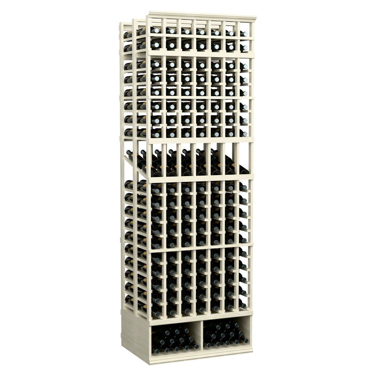 Wine bottle display rack, 7-column double-deep, 8-ft tall, off-white wood lattice for bottles