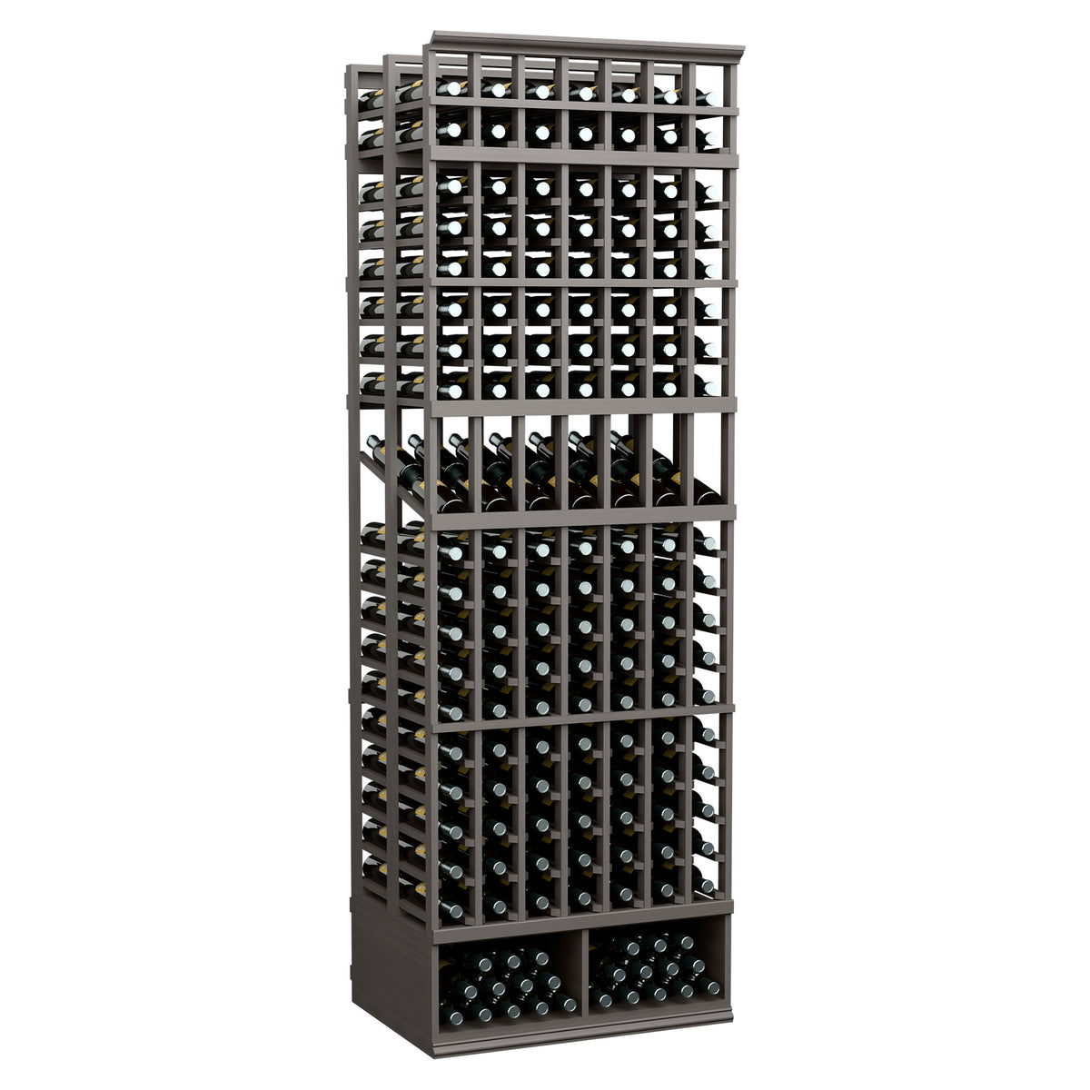 Black 7-column double-deep wine bottle display rack with multiple front bottle rows