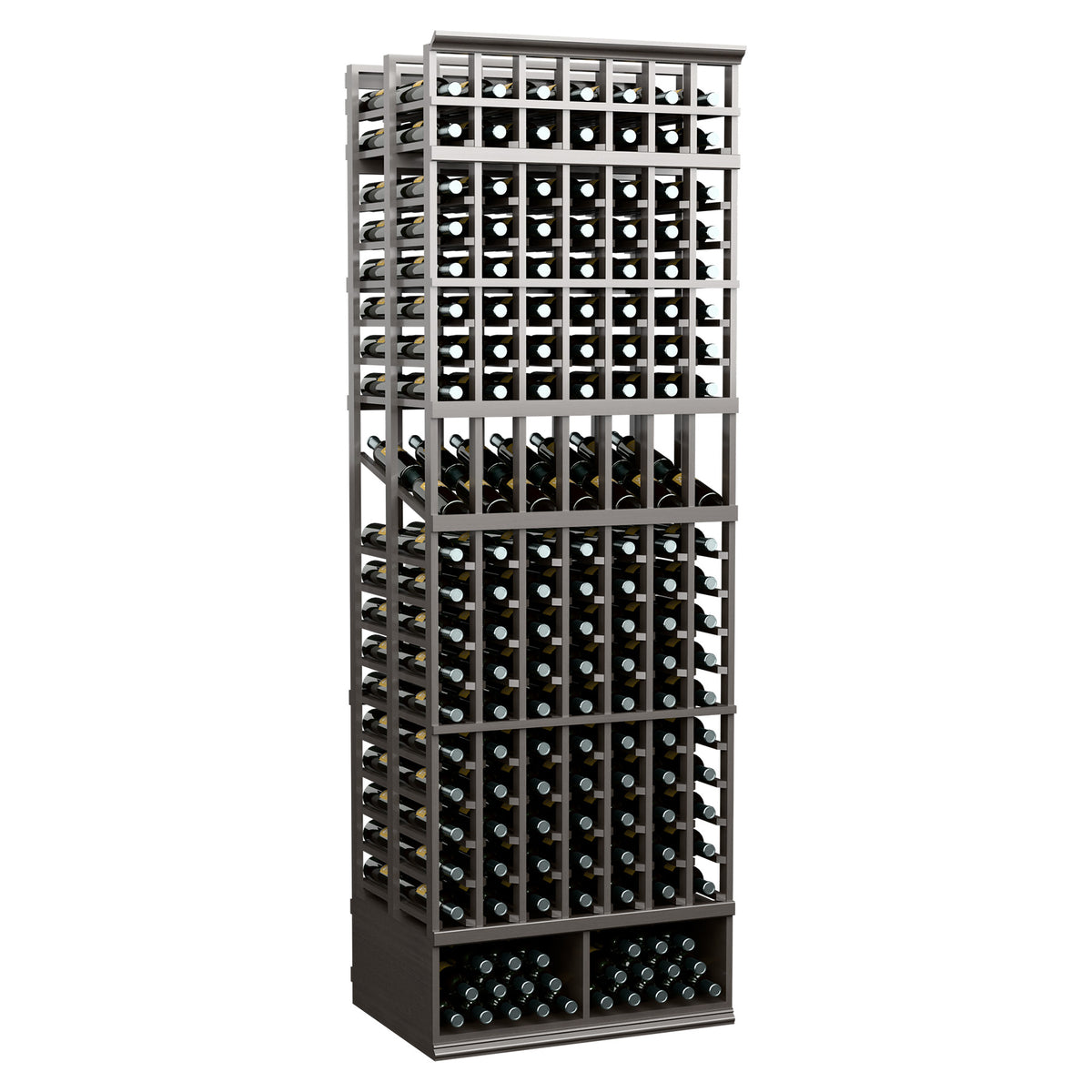 Black 7-column double-deep wine bottle display rack with glass-front style grid cells