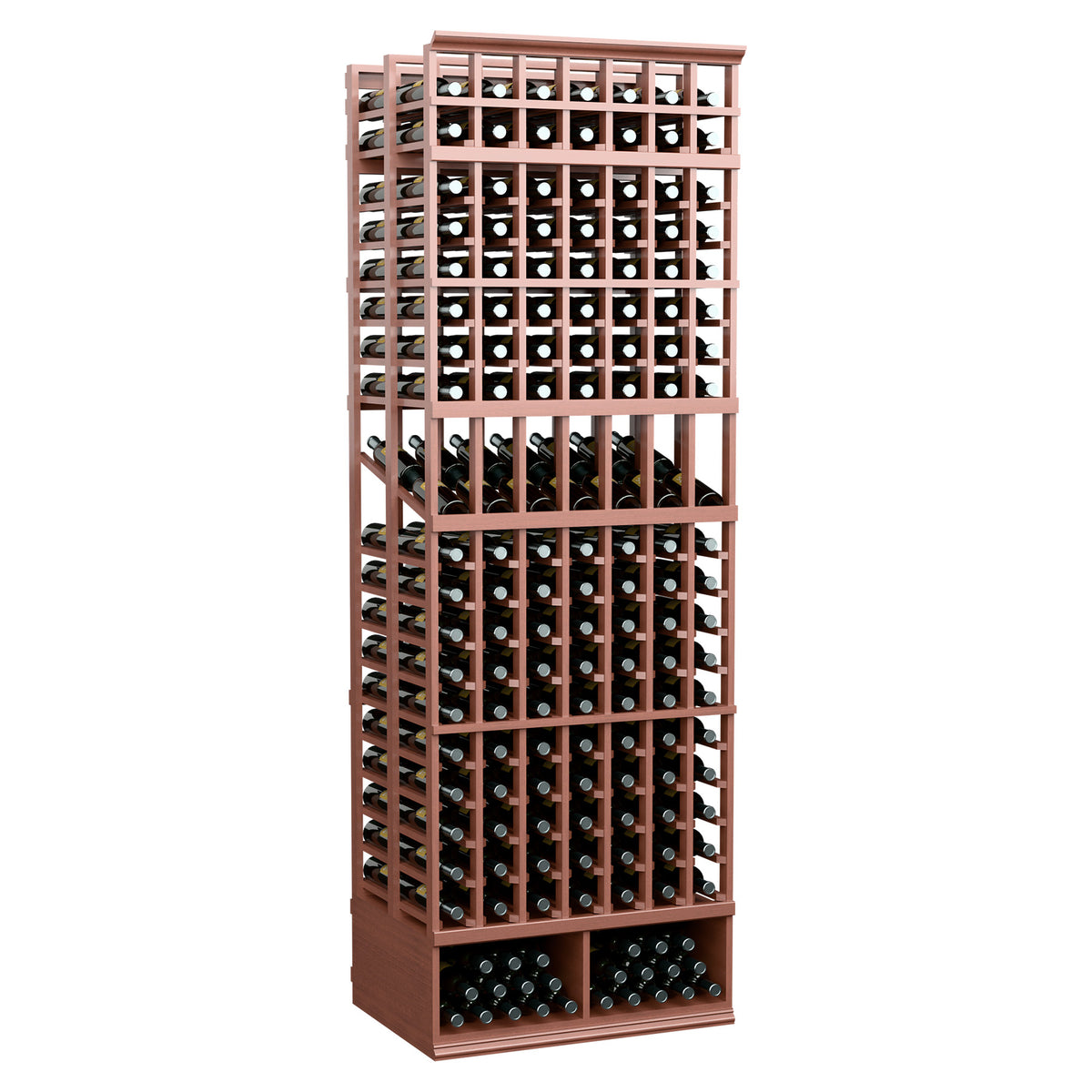 Red-brown 7-column double-deep wine bottle display rack with front grid and base rows