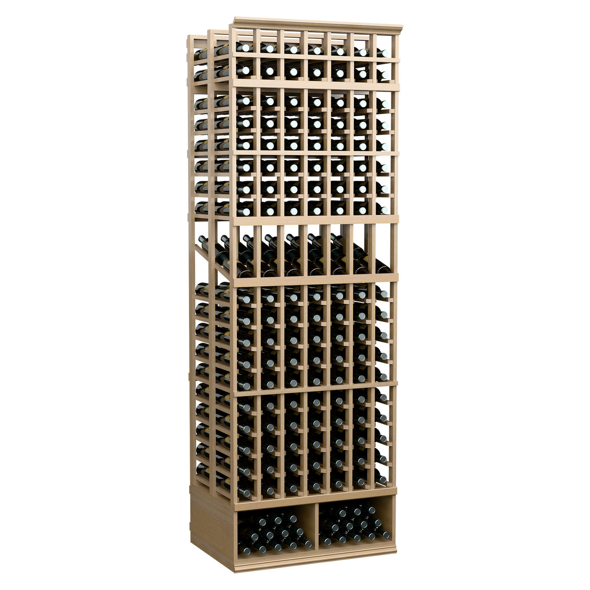 Light tan 7-column double-deep wine bottle display rack with front lattice wine slots