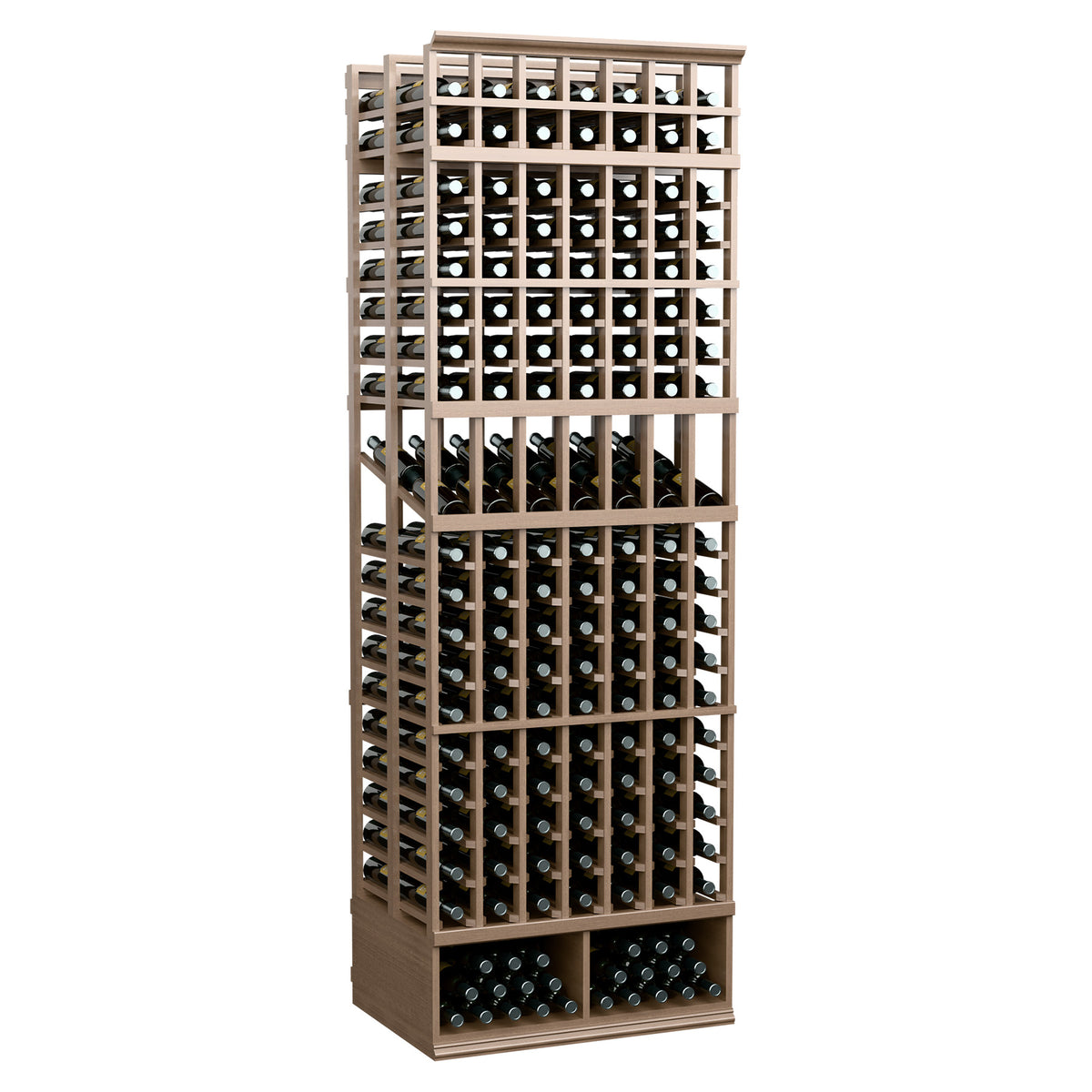 Light tan 7-column double-deep wine bottle display rack with evenly spaced bottle openings