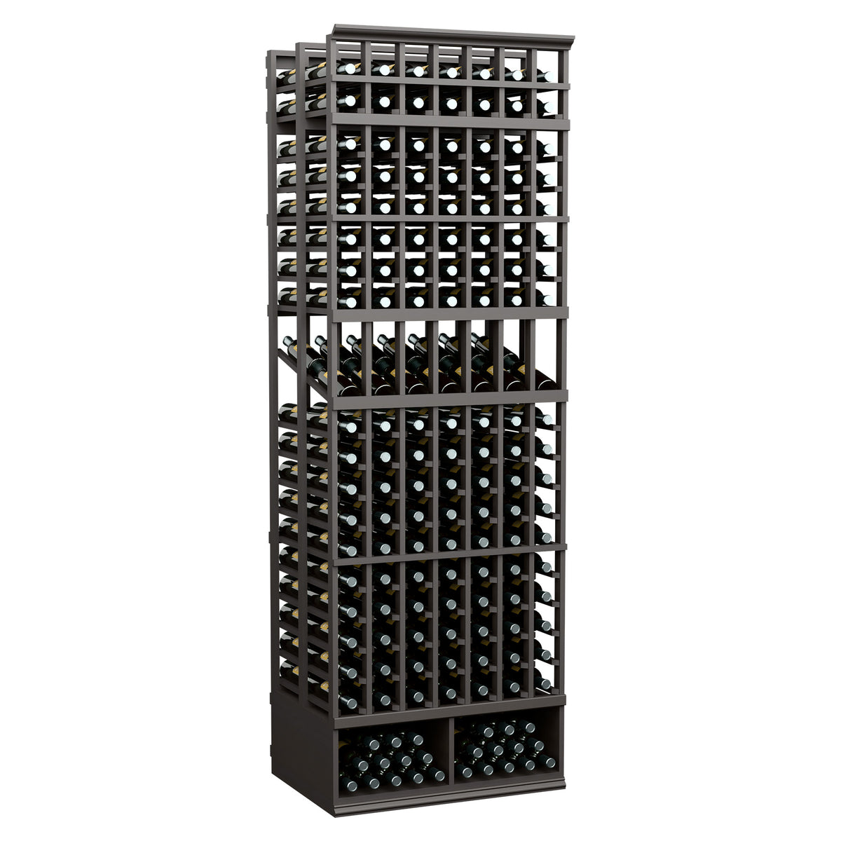 Black 7-column double-deep wine bottle display rack with tall front bottle grid