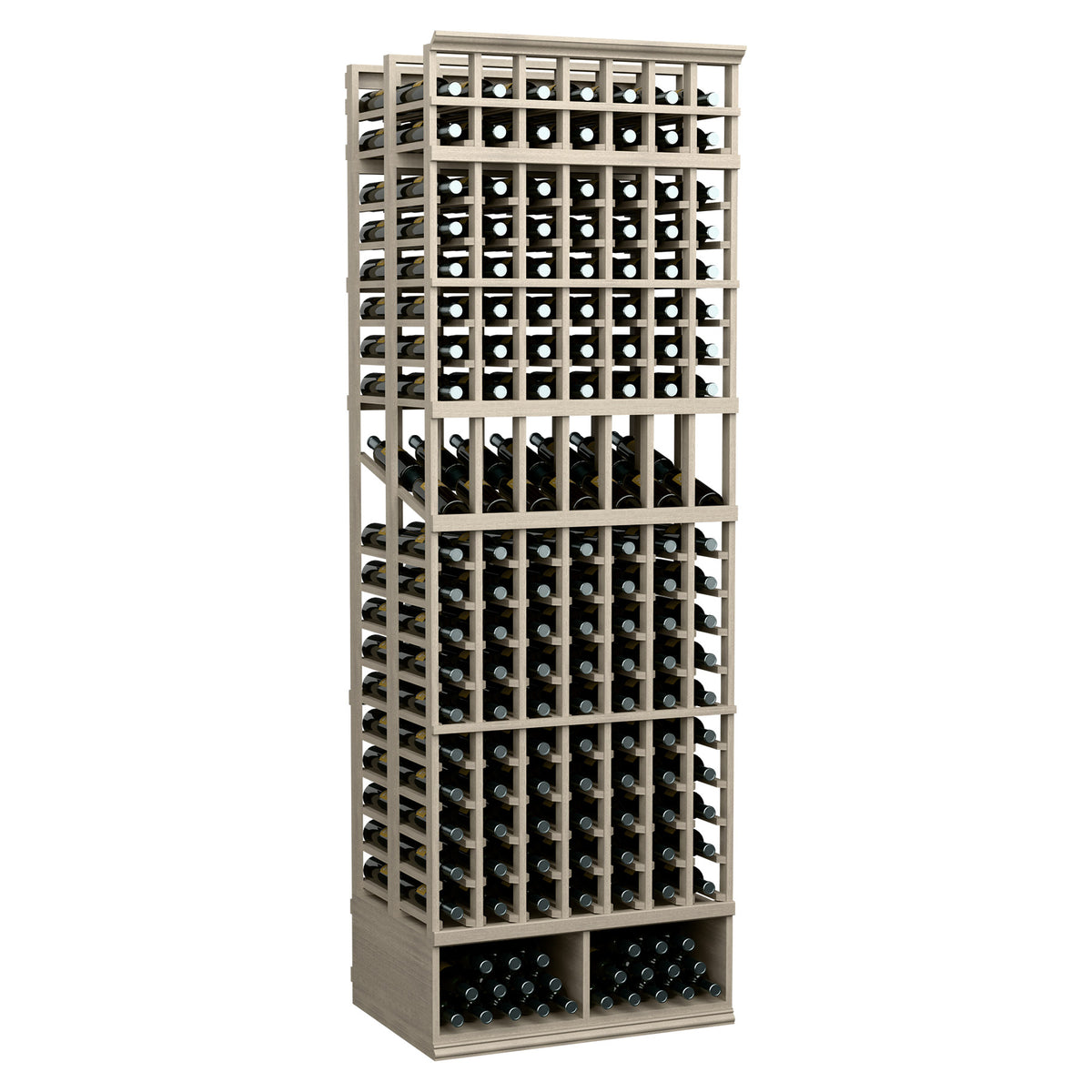 Wine bottle display rack, dark stained wood frame with two-deep bottle slots