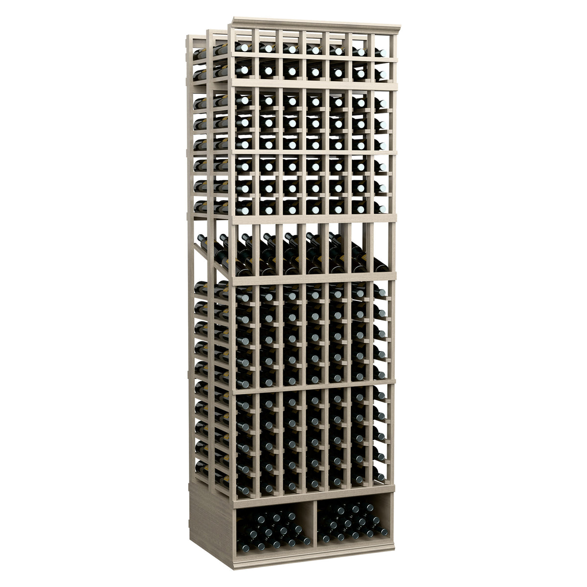 Wine bottle display rack, dark stained wood frame with two-deep bottle slots