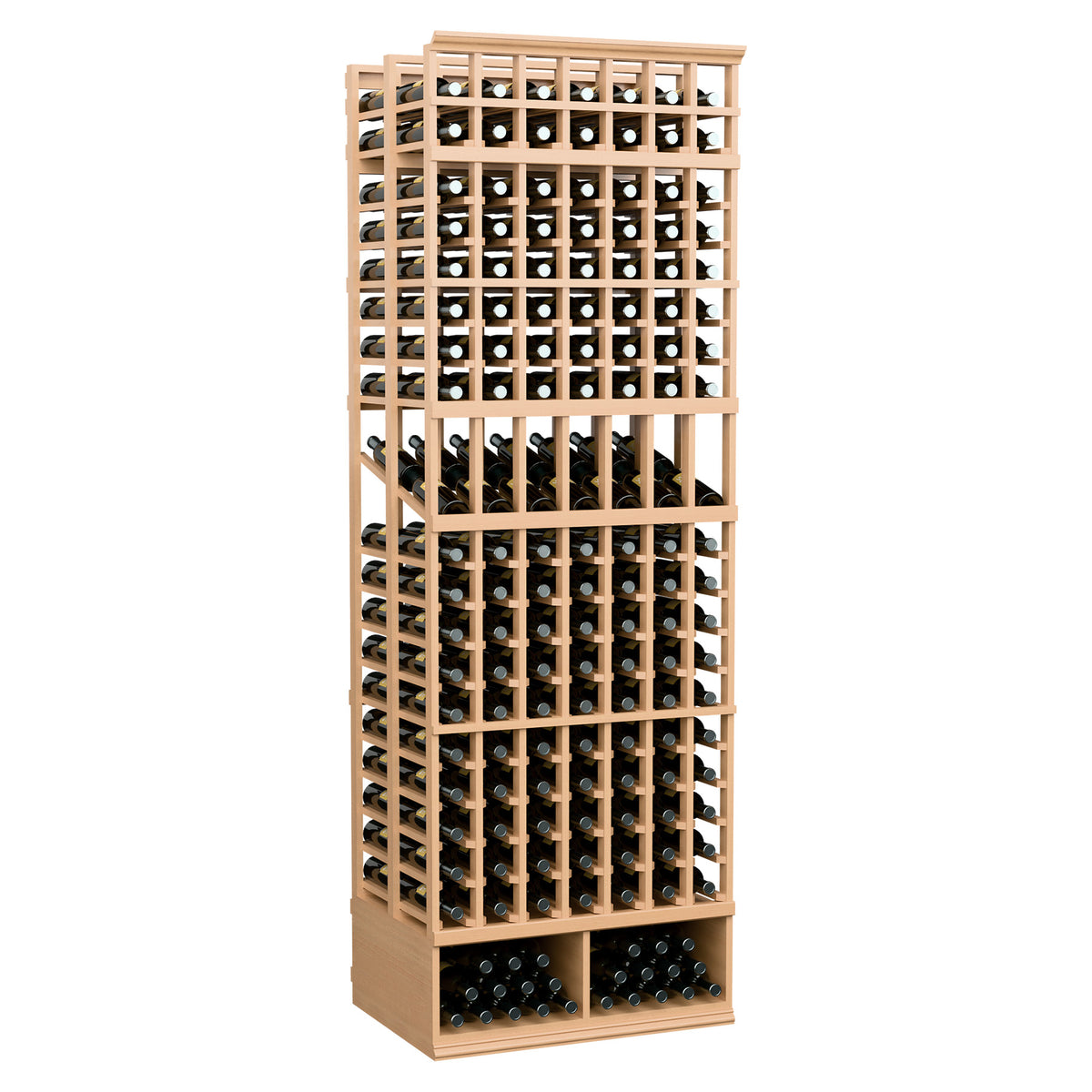 Wine bottle display rack, light wood frame with two-deep bottle slots