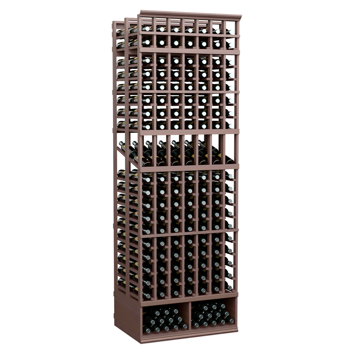 Wine bottle display rack, dark brown wood frame with two-deep bottle slots
