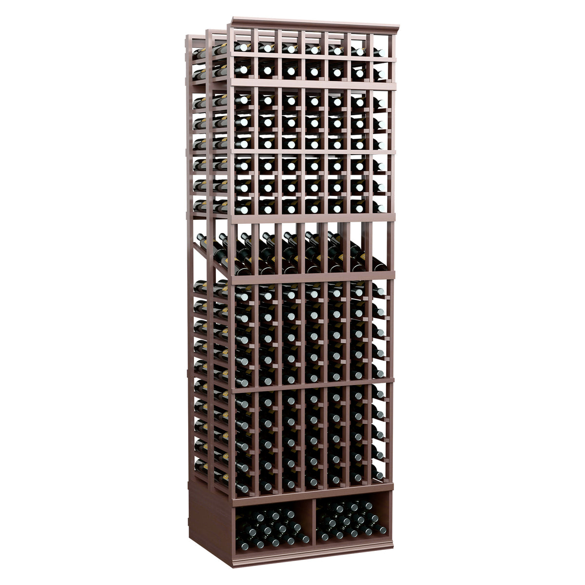 Wine bottle display rack, dark brown wood frame with two-deep bottle slots