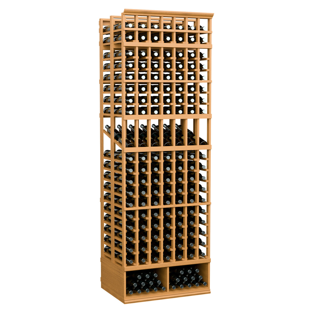 Wine bottle display rack, natural light wood frame with two-deep bottle slots