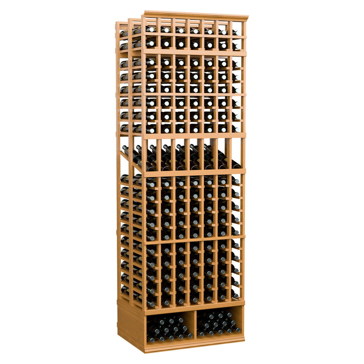 Wine bottle display rack, natural light wood frame with two-deep bottle slots