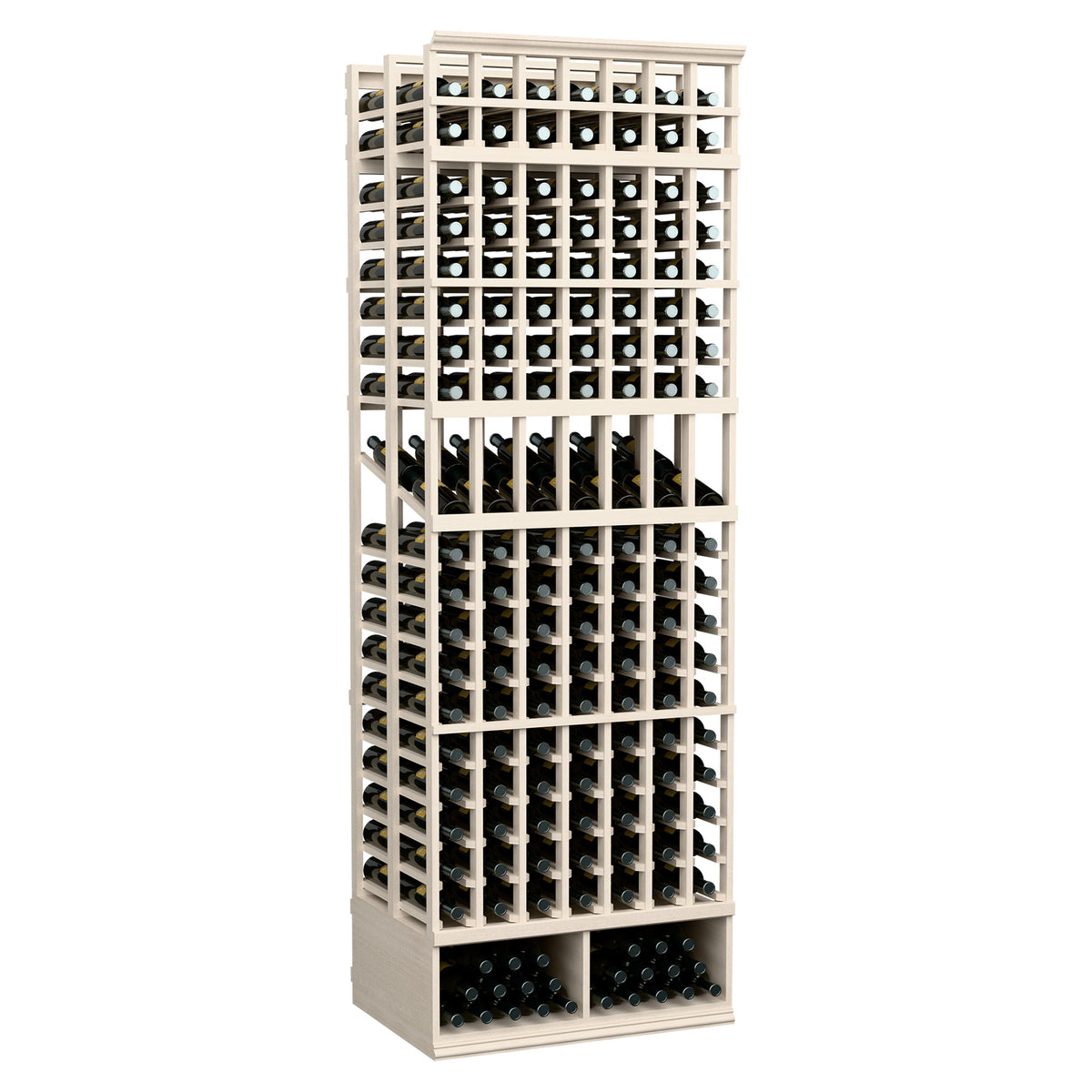 Wine bottle display rack, light grey wood frame with two-deep bottle slots