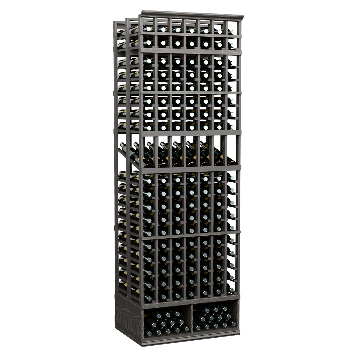 Dark wine bottle display rack with wire grid and multiple bottle slots