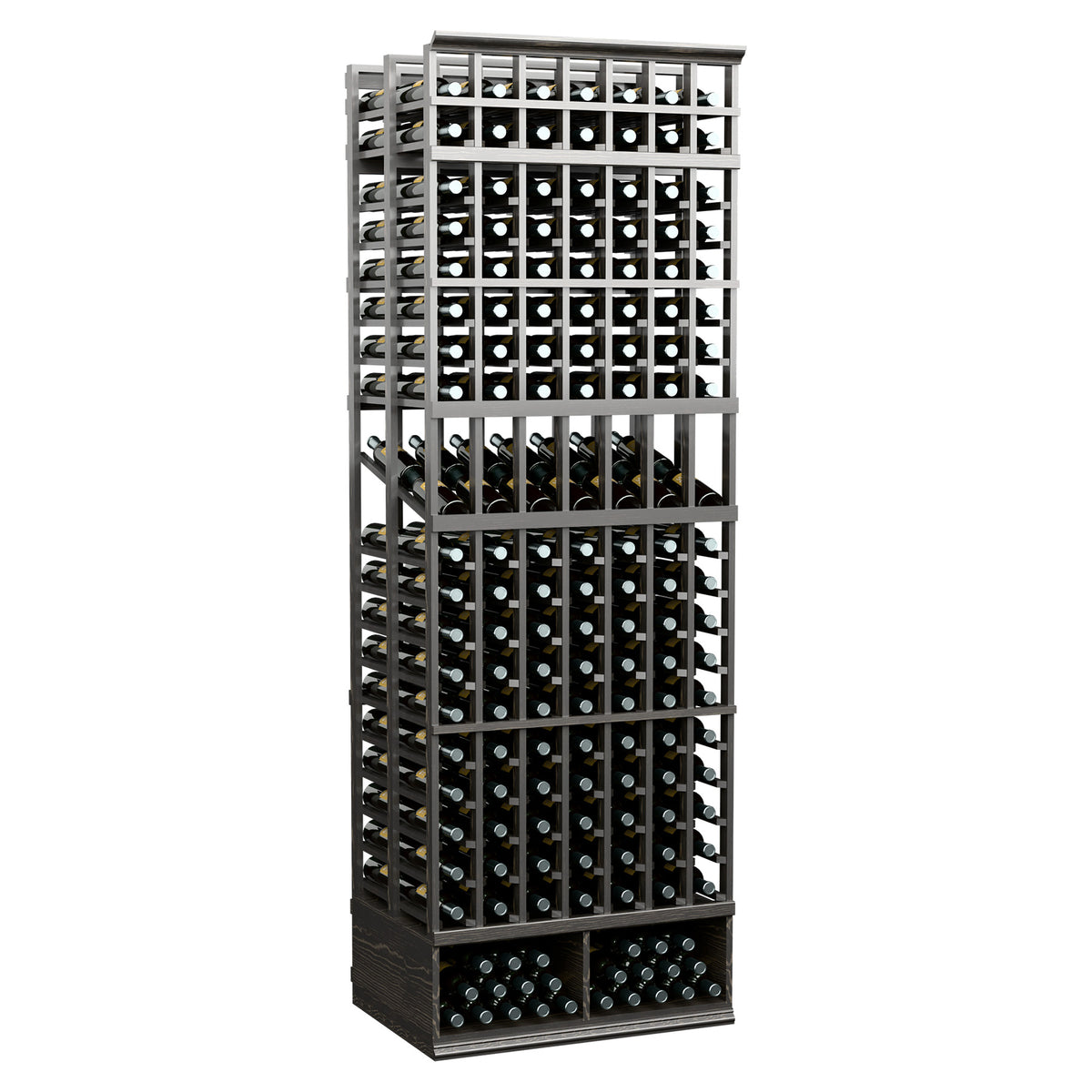 Black wine bottle display rack with open grid shelves for many bottle slots