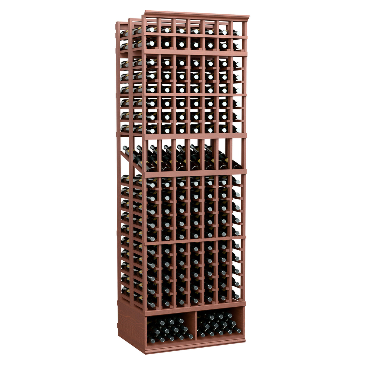Red-brown wine bottle display rack with grid walls and many bottle storage slots
