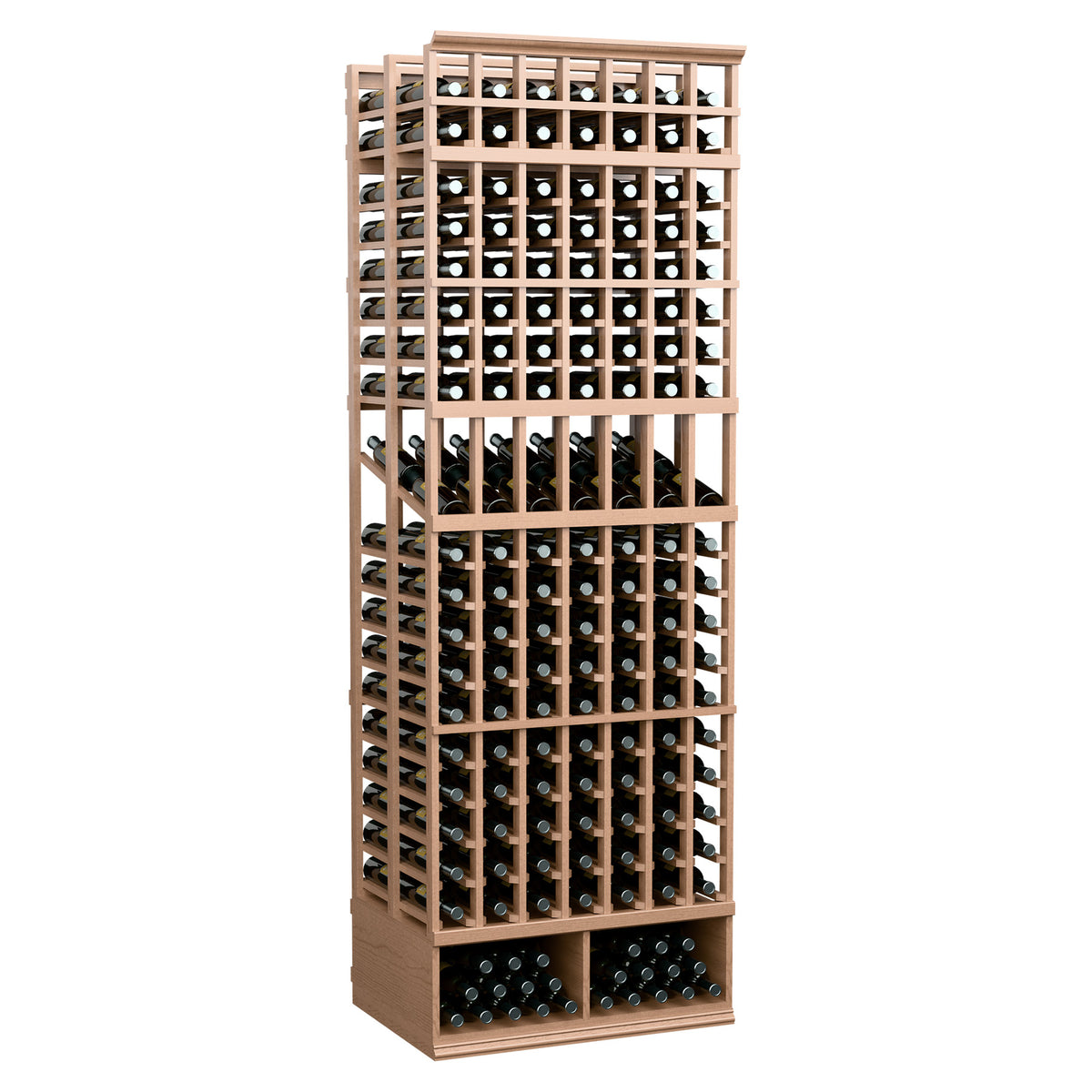 Natural wood wine bottle display rack with square grid and rows of bottle slots