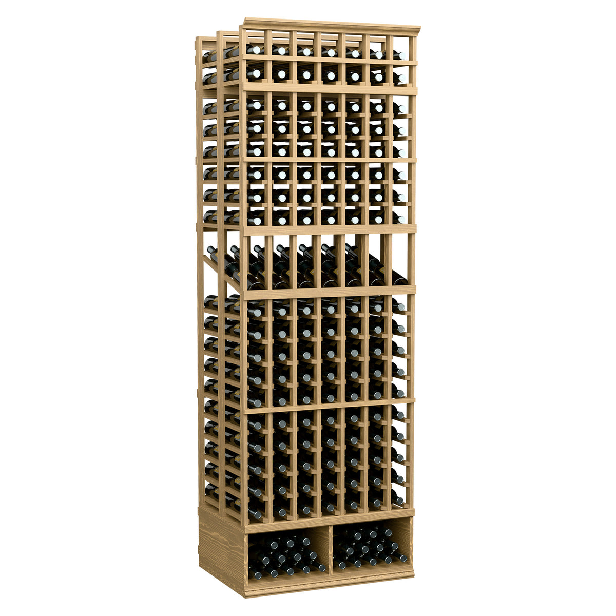 Beige wood wine bottle display rack with open grid frame and bottle storage rows