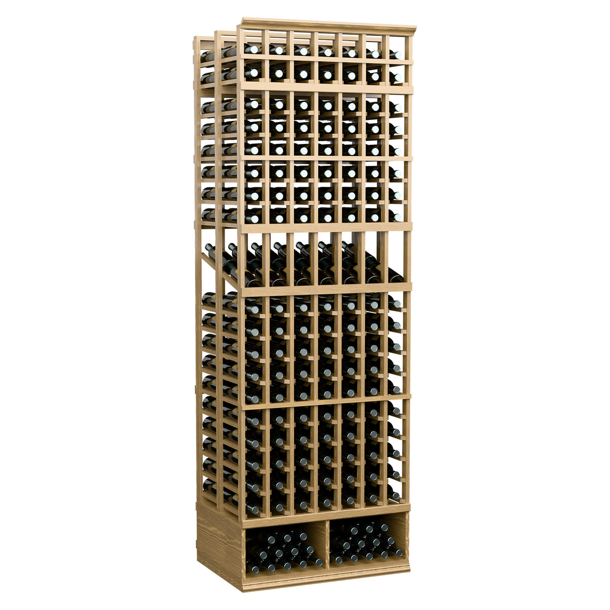 Pale wood wine bottle display rack with wire grid and numerous bottle slots