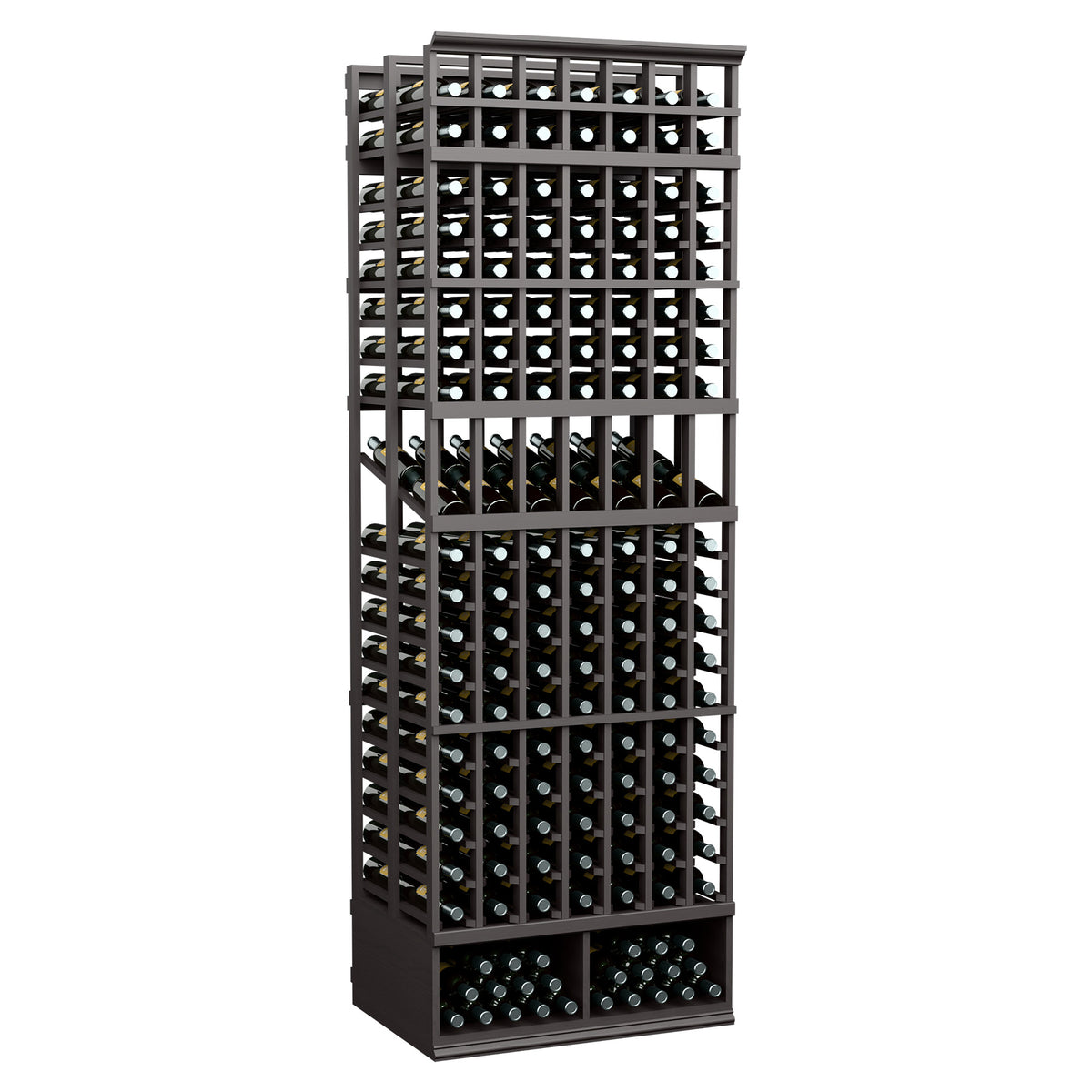 Black wine bottle display rack with front grid frame and tightly spaced bottle slots