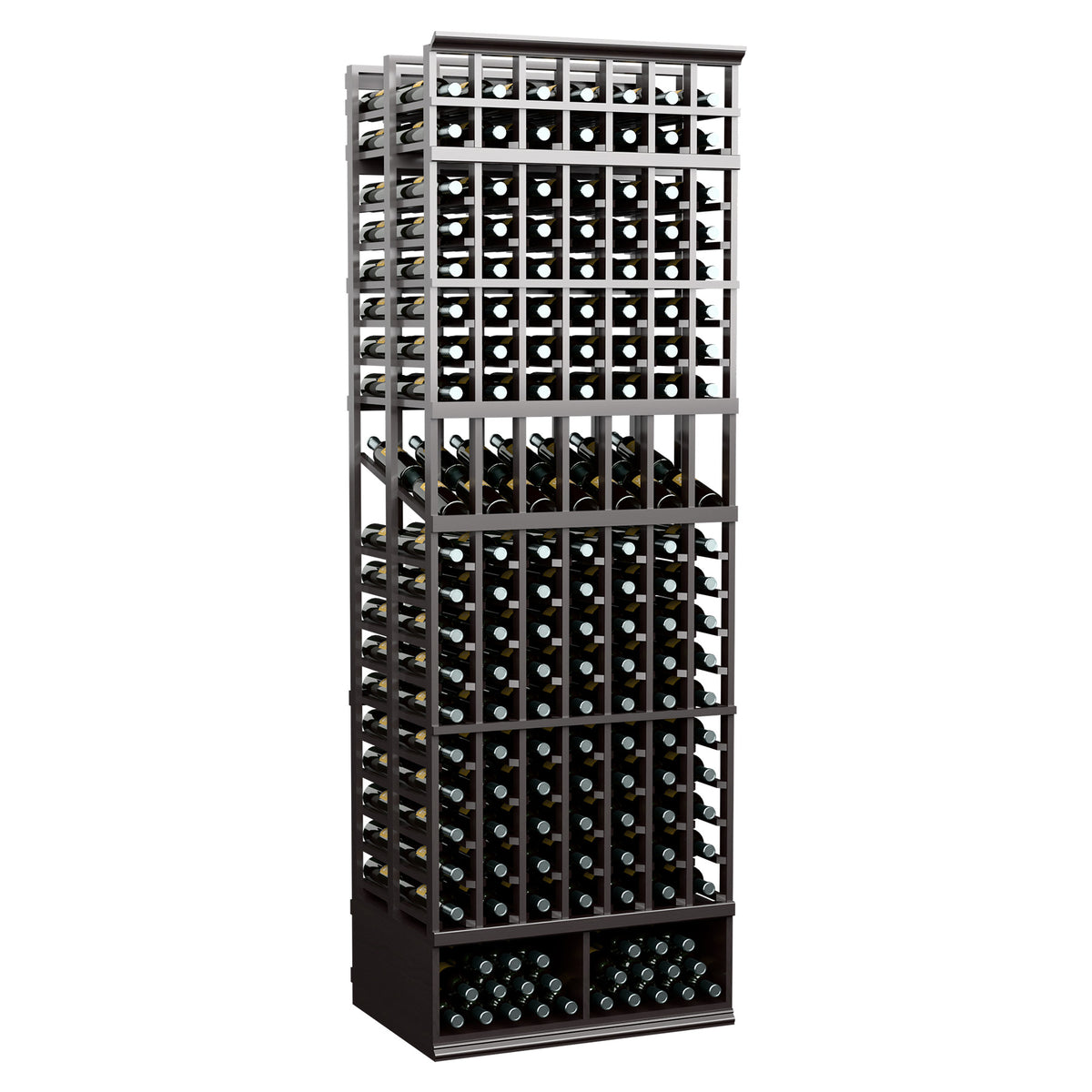 Dark wine bottle display rack with open wire grid and multiple rows of bottle slots