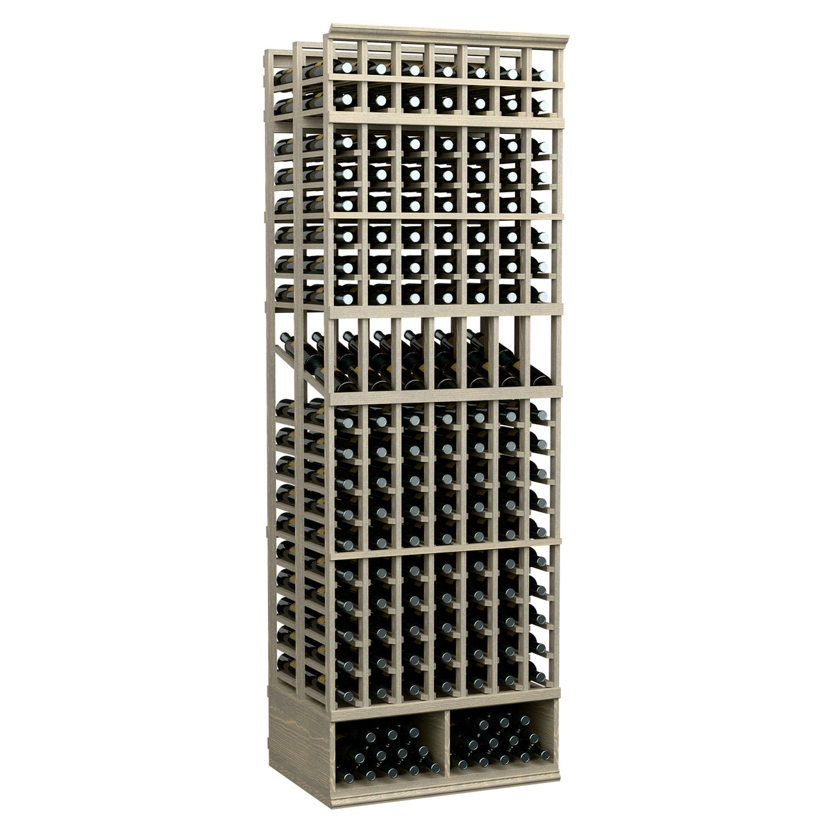 Light wood 7-column double-deep wine bottle display rack, 8-ft tall, open grid.