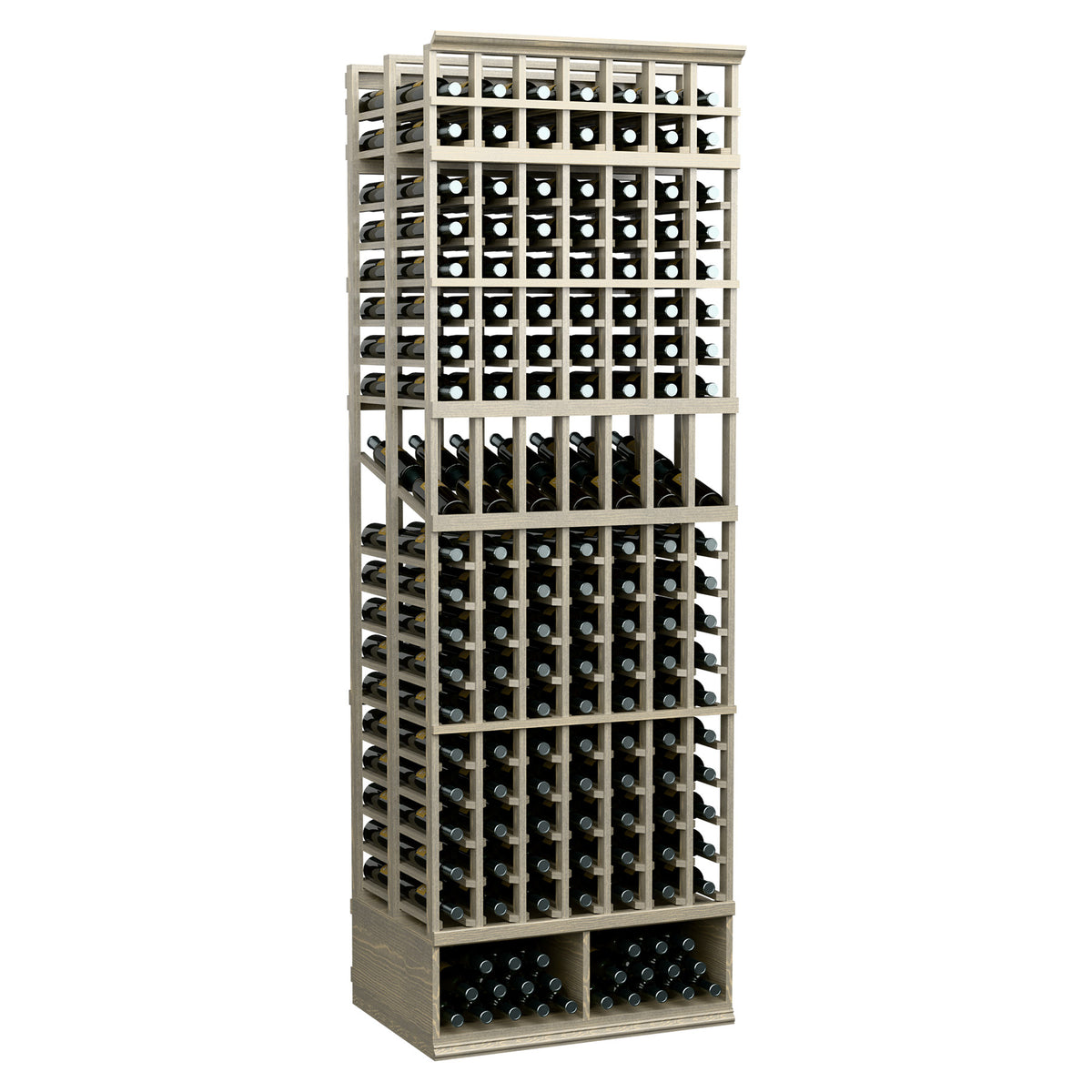 Light wood 7-column double-deep wine bottle display rack, 8-ft tall, front view.