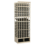 Light wood wine bottle display rack with 7 columns, double-deep, 8-ft tall.