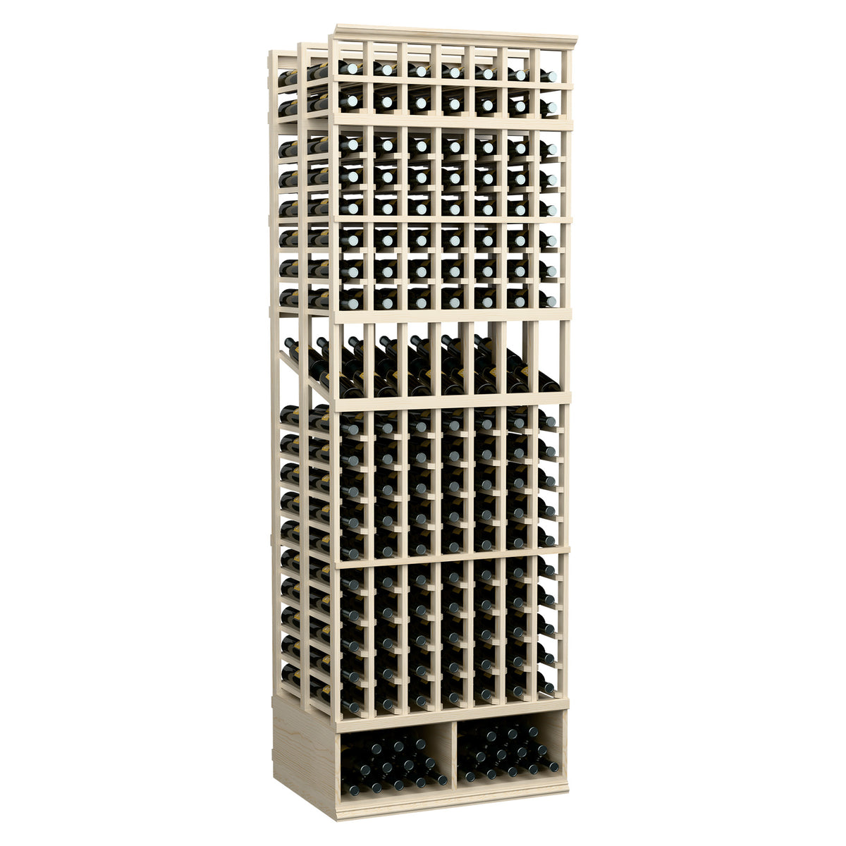 Light wood 7-column double-deep wine bottle display rack, 8-ft tall, stacked rows.