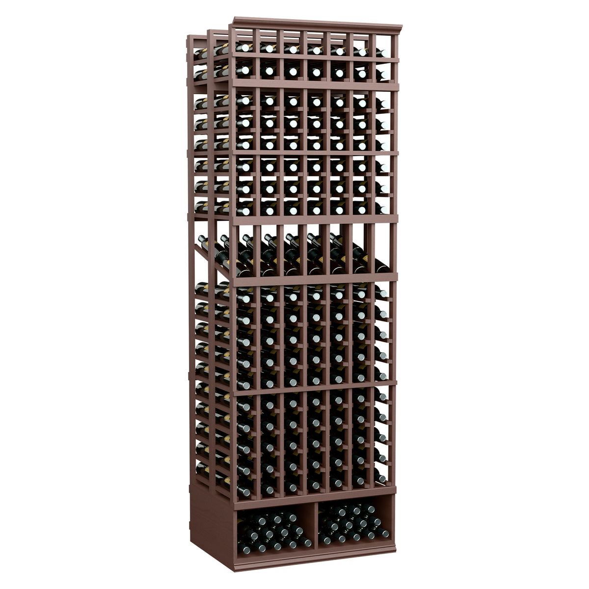 Dark wood 7-column double-deep wine bottle display rack, 8-ft tall, open frame.