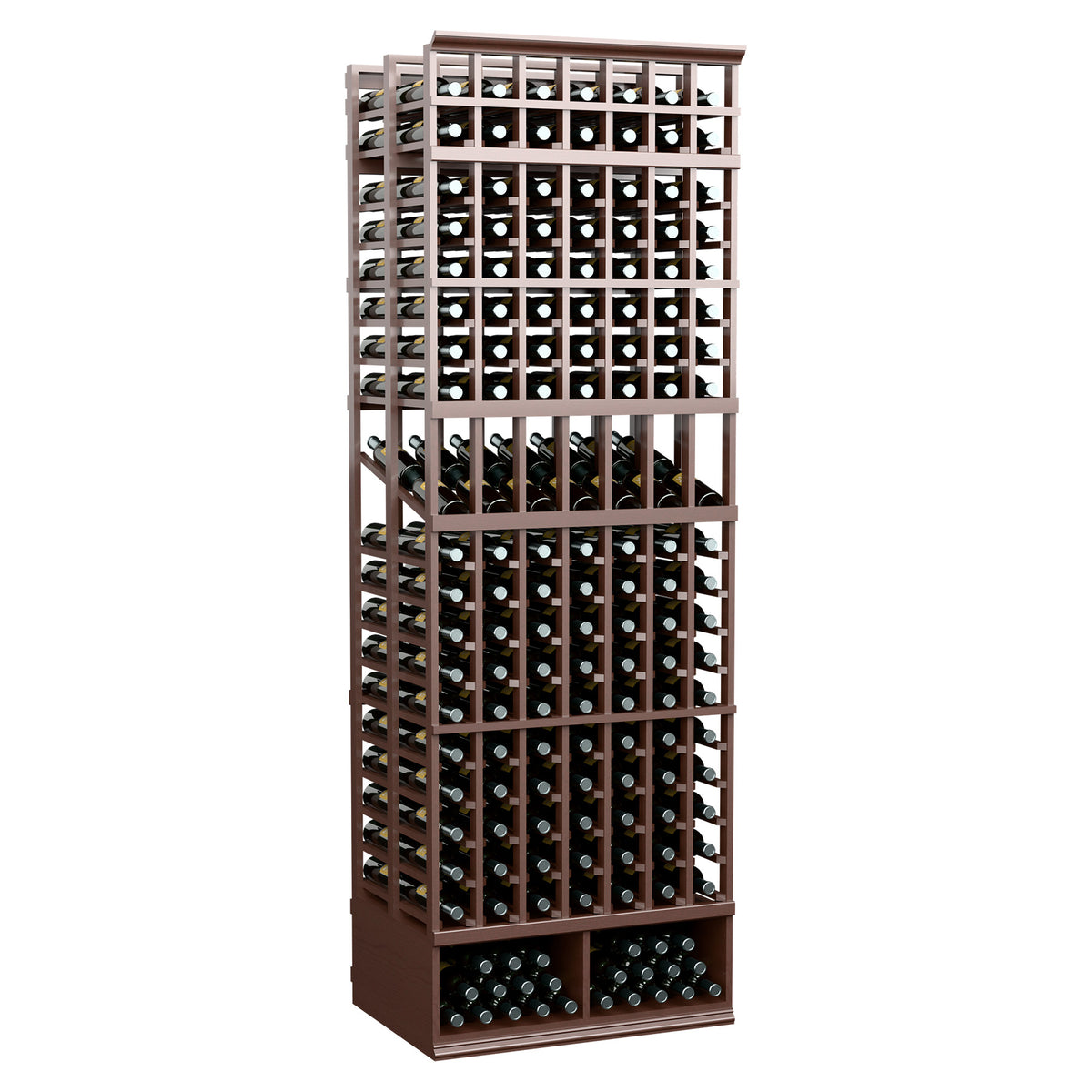 Dark brown 7-column double-deep wine bottle display rack, 8-ft tall, bottle rows.