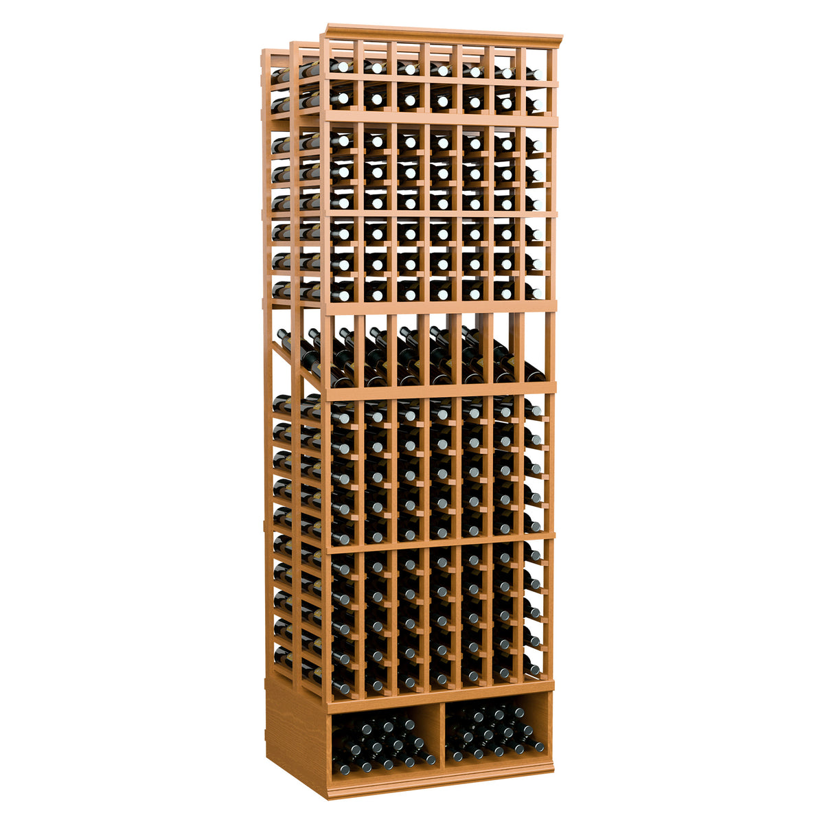 Honey-toned wood 7-column double-deep wine bottle display rack, 8-ft tall.
