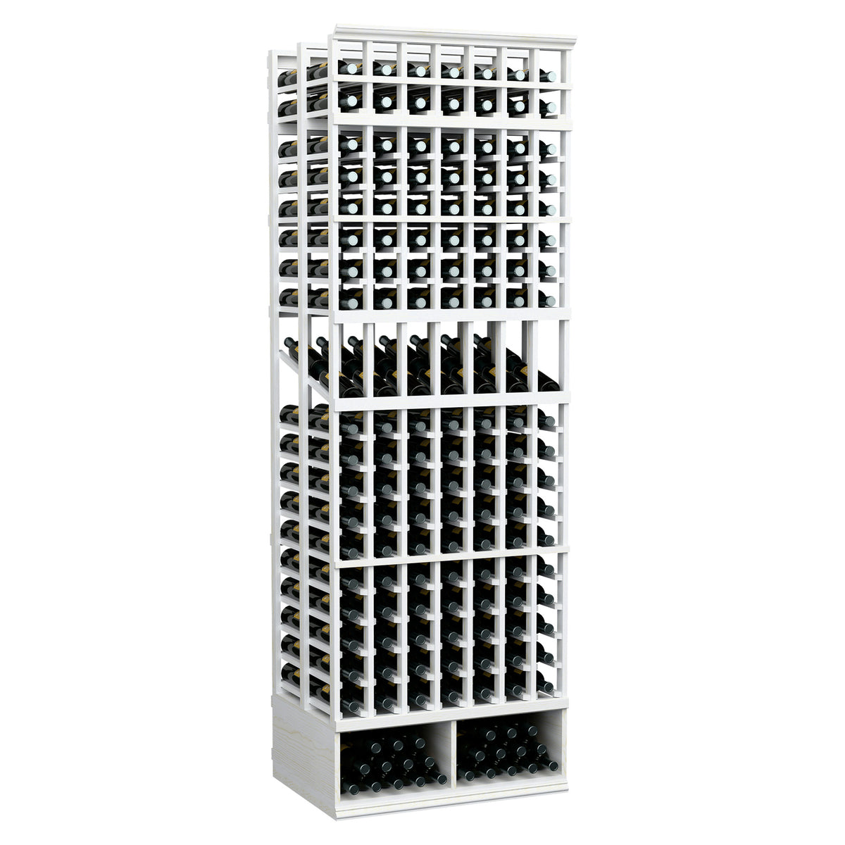 White-finished 7-column double-deep wine bottle display rack, 8-ft tall, open grid.