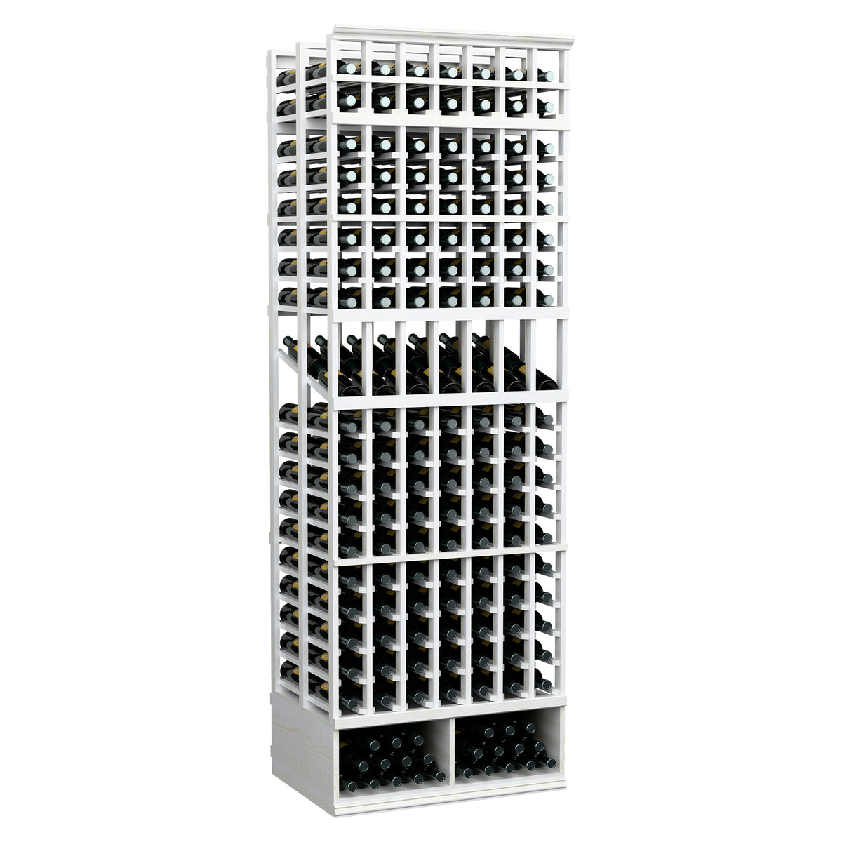 White-finished wine bottle display rack with 7 columns, double-deep, 8-ft tall.