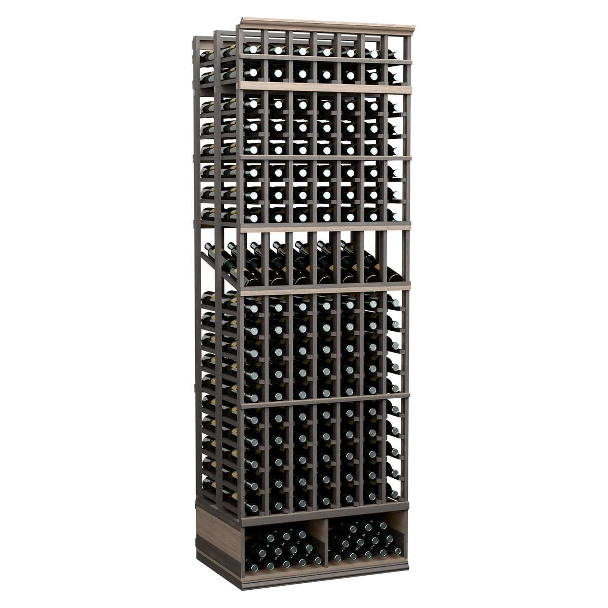 8-ft double-deep wine display rack with 7 columns, dark frame and bottle slots