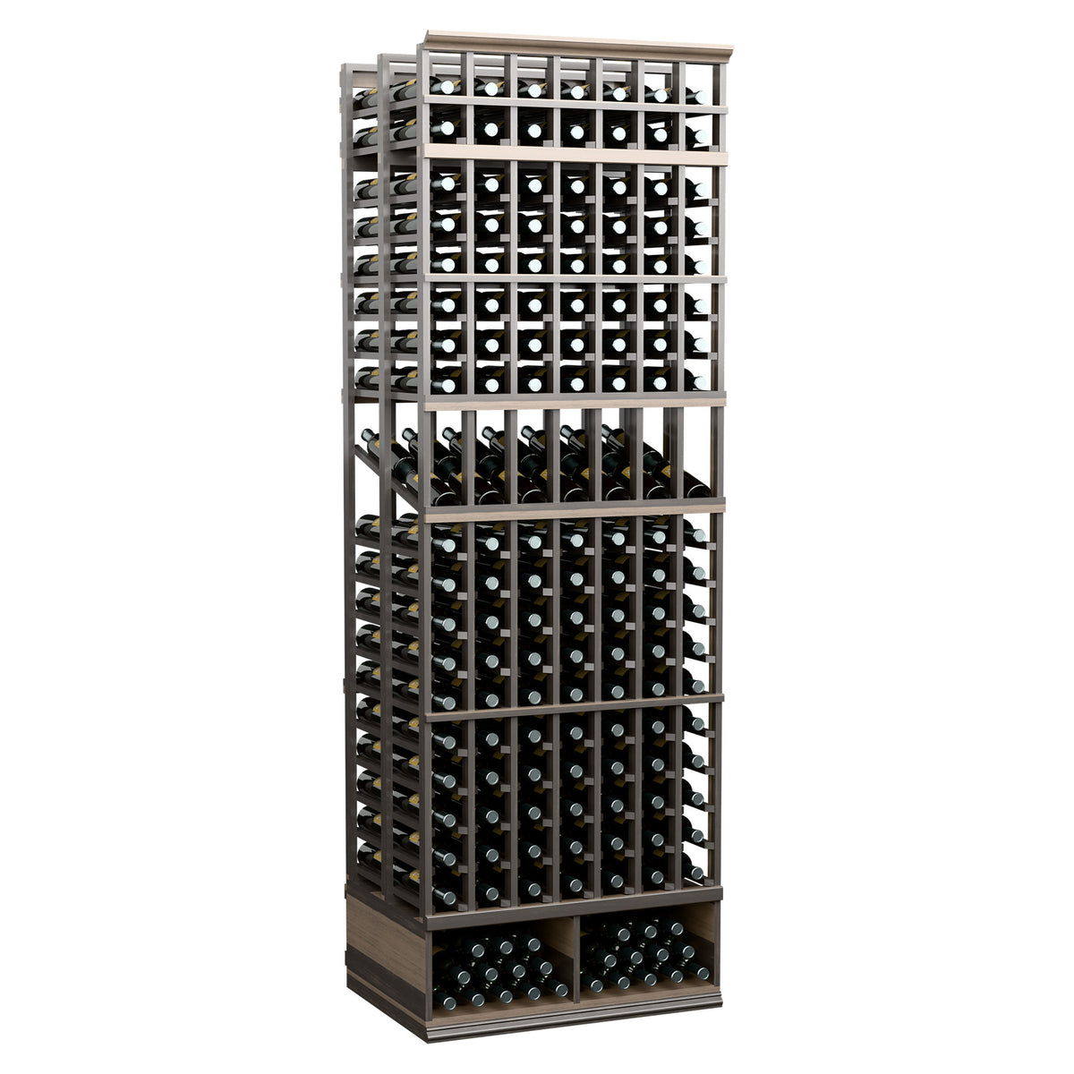 8-ft double-deep wine display rack with 7 columns, dark wood frame and rows of bottle holes