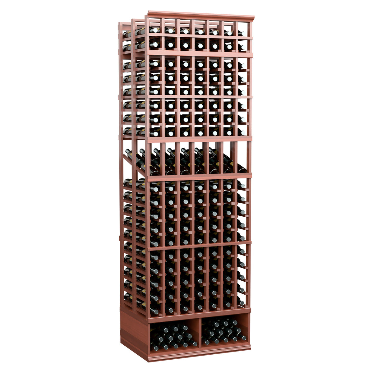 8-ft double-deep wine display rack with 7 columns, reddish-brown frame with front bottle display rows