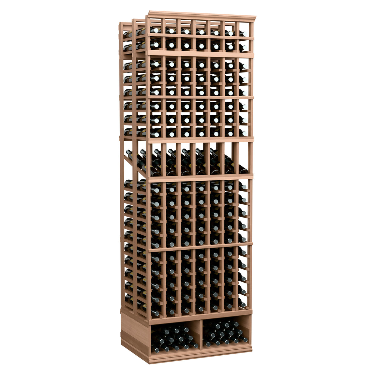 8-ft double-deep wine display rack with 7 columns, light wood frame and bottle slots