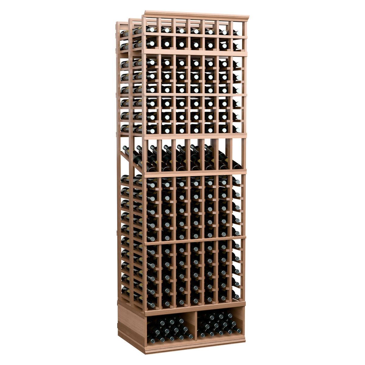 8-ft double-deep wine display rack with 7 columns, pale wood frame and front bottle display holes