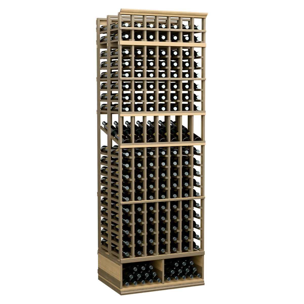 8-ft double-deep wine display rack with 7 columns, medium tan frame and bottle slot grid