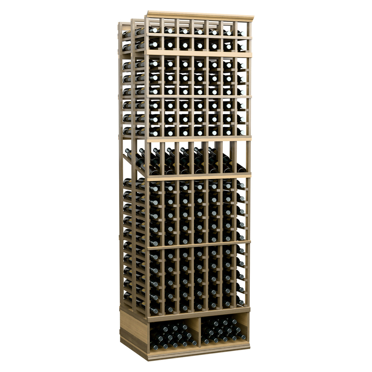 8-ft double-deep wine display rack with 7 columns, light tan frame and bottle display columns