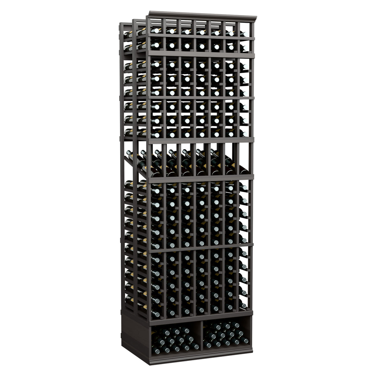 8-ft double-deep wine display rack with 7 columns, dark frame with two deep rows of bottle slots