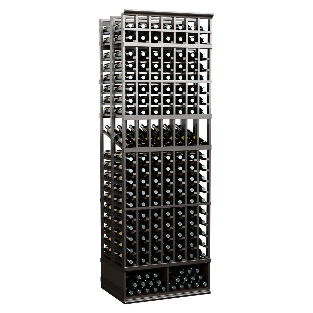 8-ft double-deep wine display rack with 7 columns, dark wood frame and stacked bottle display holes