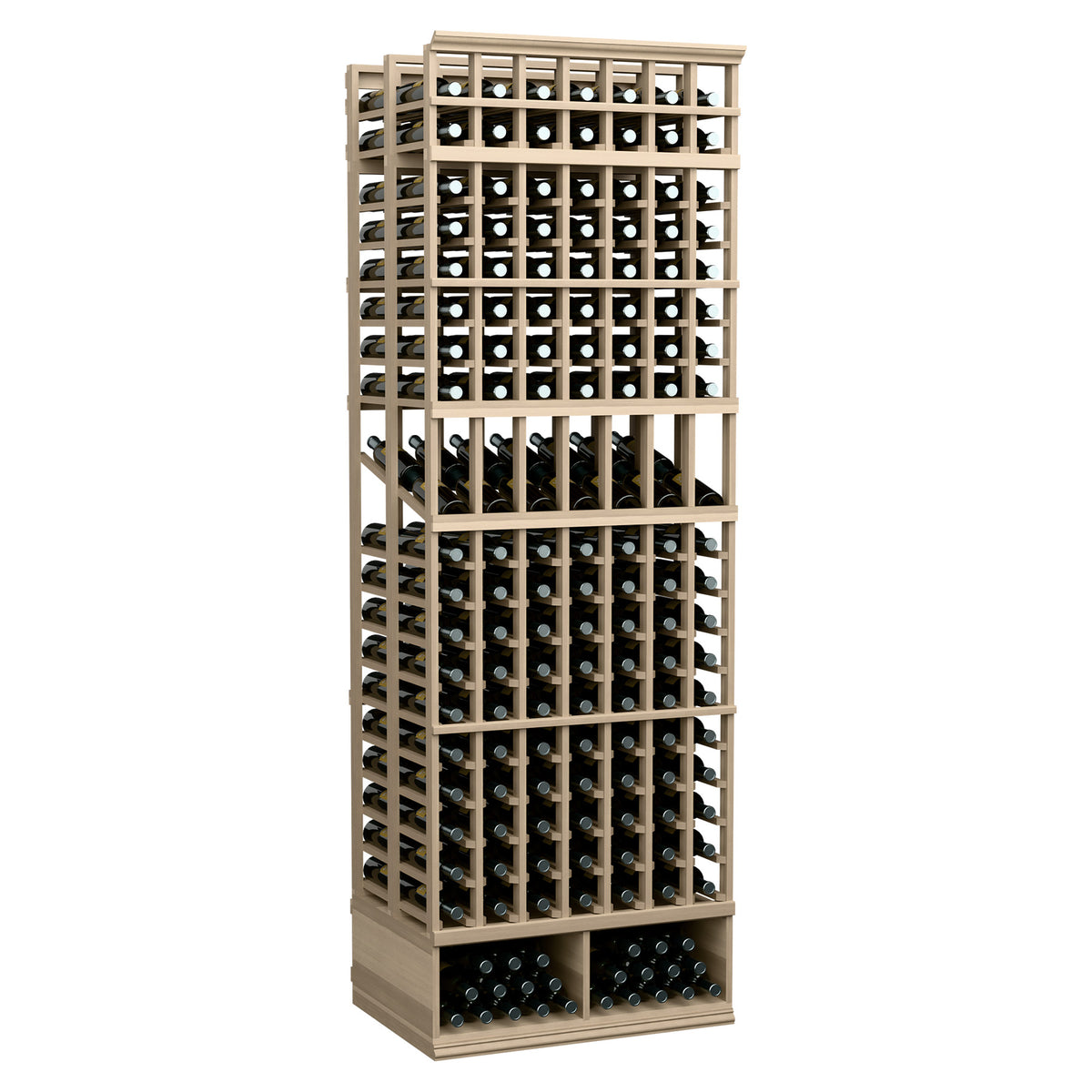 7-column double-deep wine display rack, dark-stained wood with open bottle slots