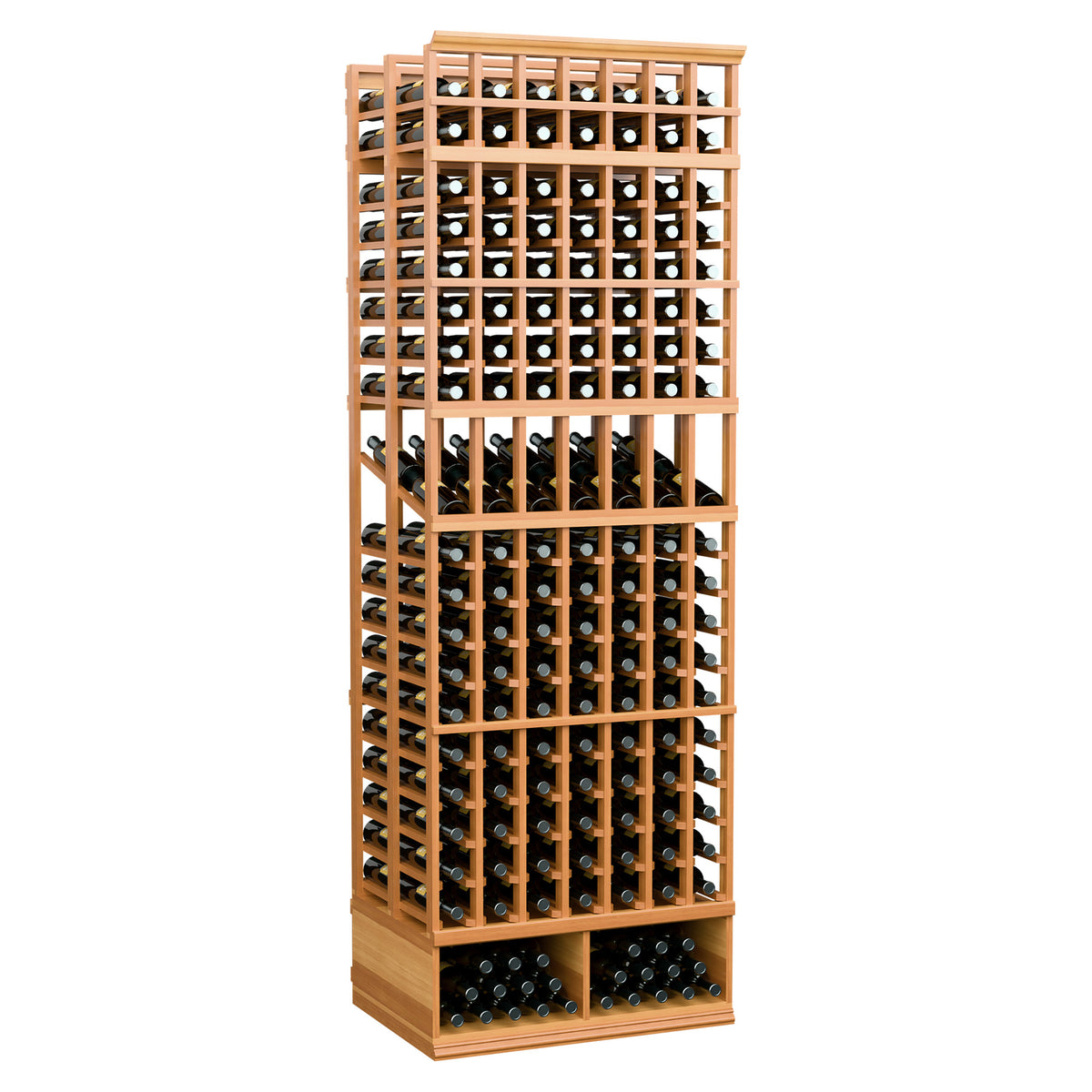 7-column double-deep wine display rack, warm wood frame with front bottle slots