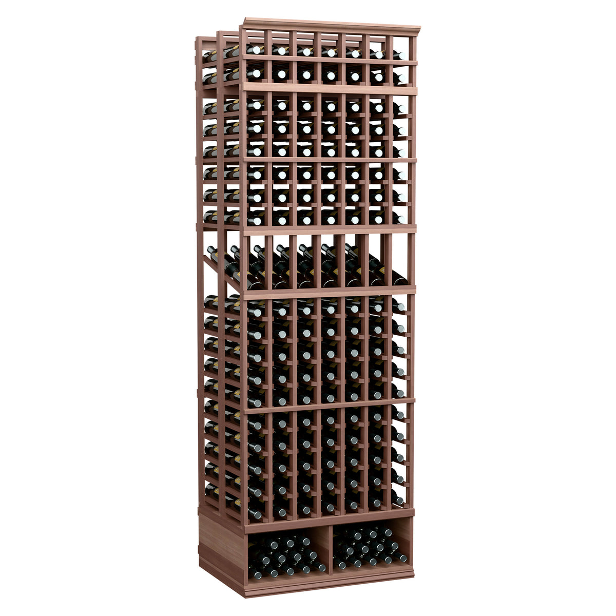 7-column double-deep wine display rack, rich dark-wood frame with bottle cubbies