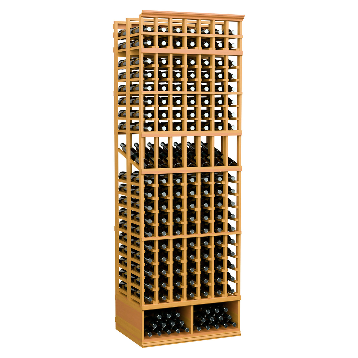 7-column double-deep wine display rack, light honey wood with front bottle holders