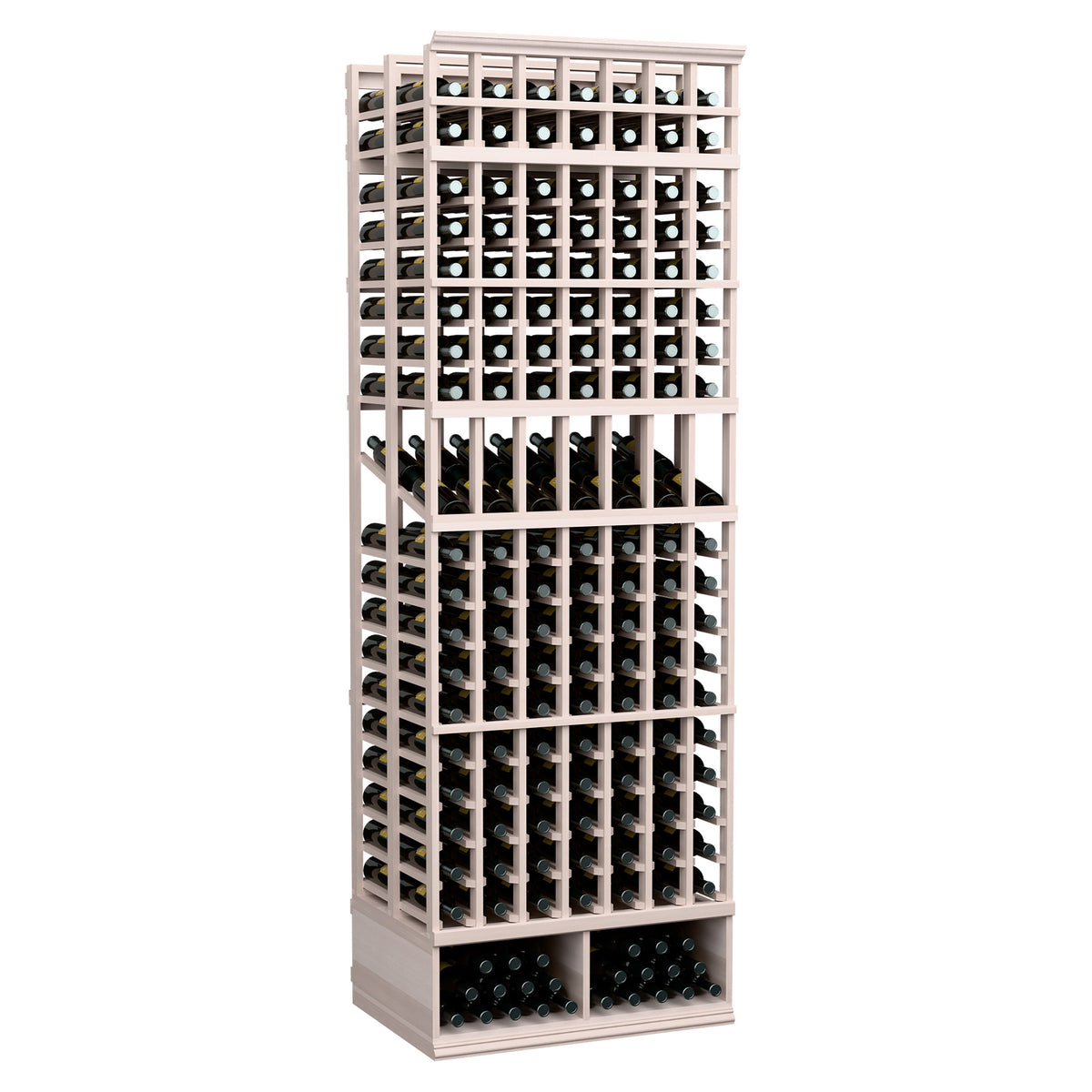 7-column double-deep wine display rack, white-washed frame with bottle slots