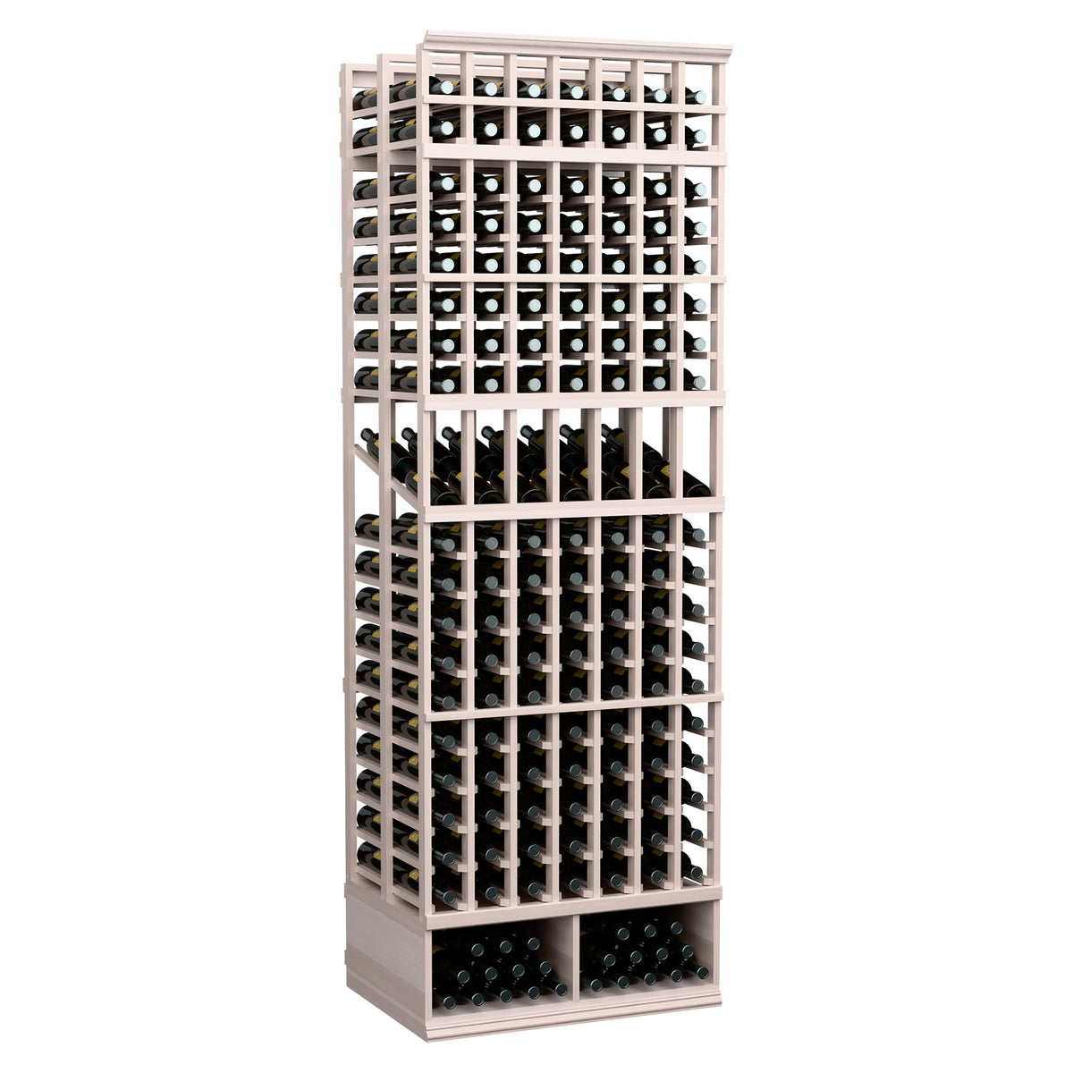 7-column double-deep wine display rack, light grey stained frame with bottle cubbies